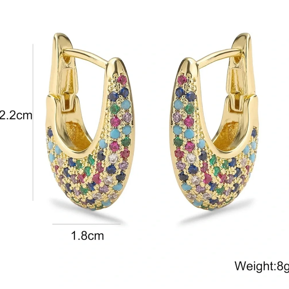 NEW 18K Gold Plated Cubic Zirconia Elegant Multicolor Gold Hoop Earrings - Picture 2 of 4